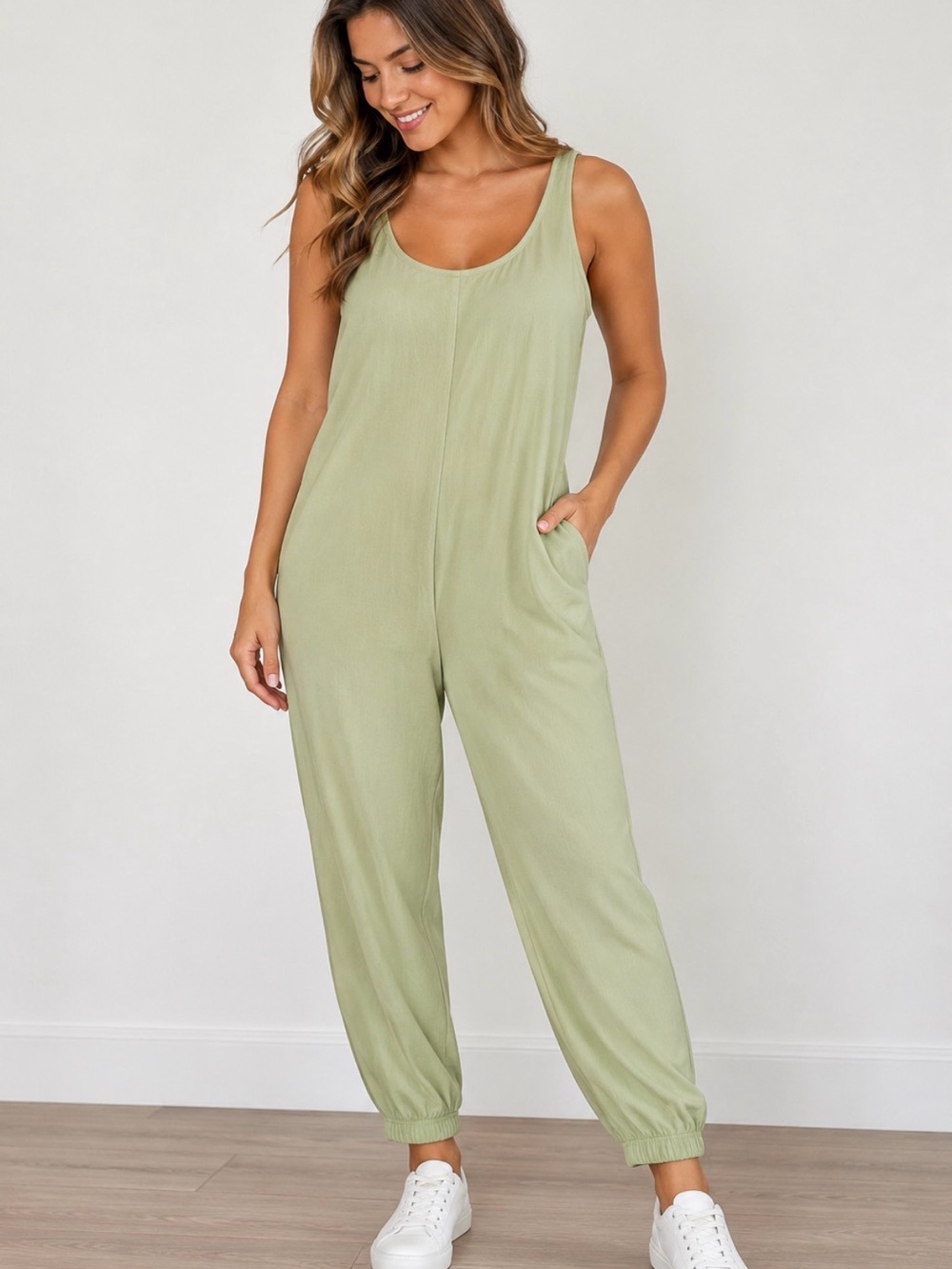 ZARA Sage Green Sleeveless Jumpsuit Size L NWT